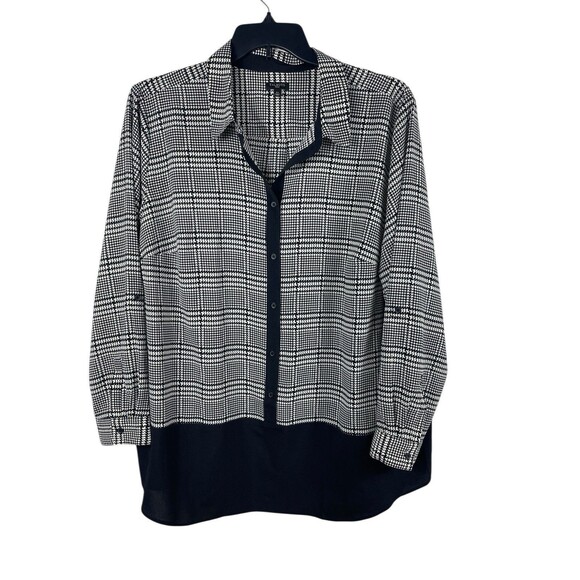 Talbots 3X Black White Houndstooth Button Top Roll Tab Sleeve Semi Sheer Tunic - Picture 1 of 14